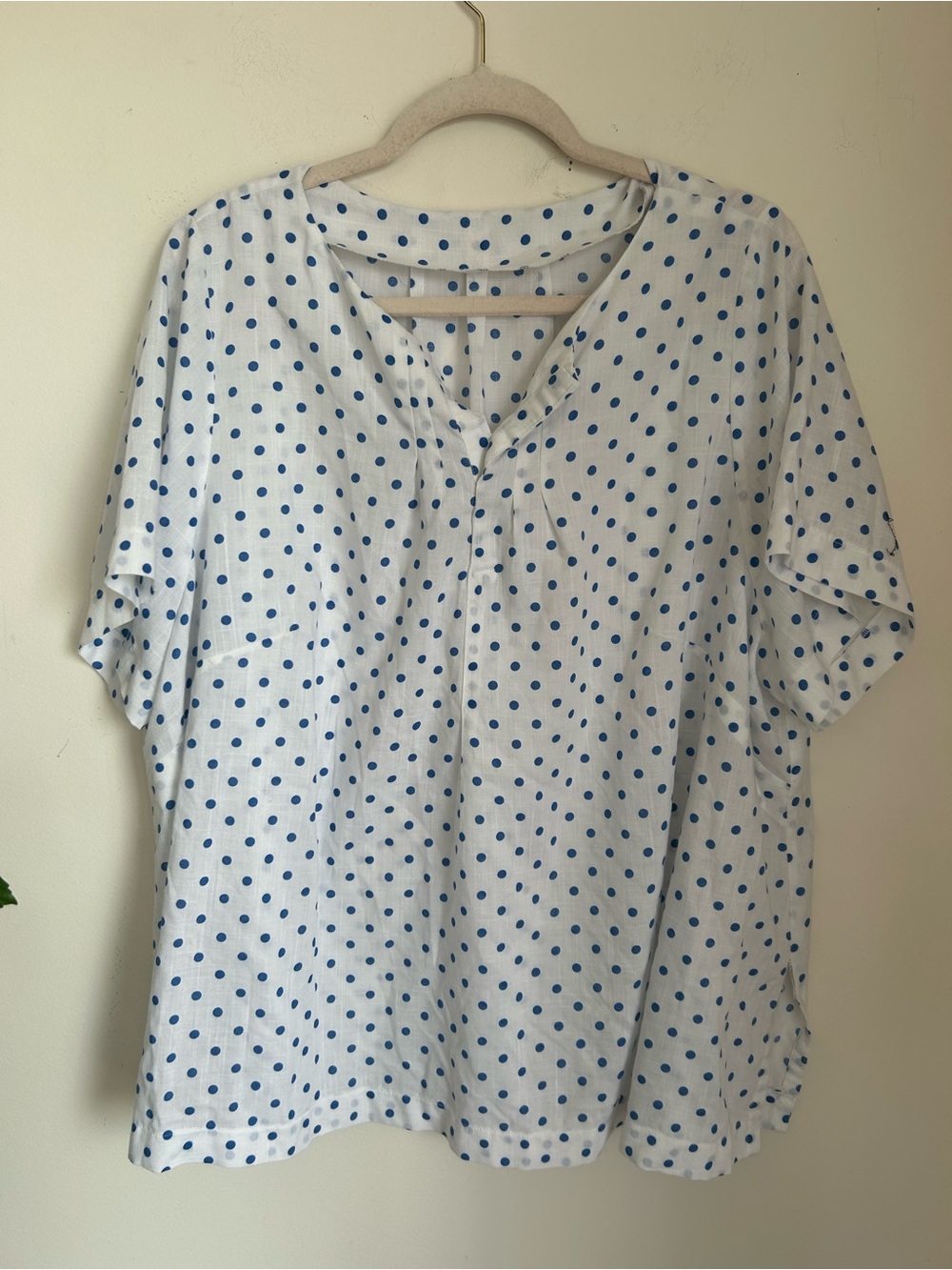 Polka Dot Short-Sleeve V-Neck Top - White with Blue Dots